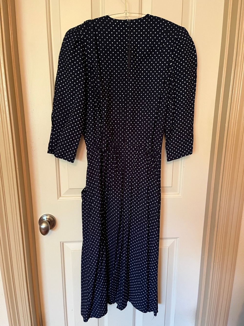 Vintage Navy Polka Dot Midi Dress with Wrap Bodice made in USA - Picture 2 of 14